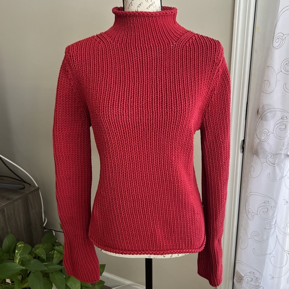 Y2K VTG Tommy Hilfiger Sweater Women's Medium Red Cotton Roll Neck Bell Sleeve - Picture 1 of 12